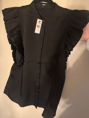 Express Black Ruffle Sleeve Button-Up Blouse